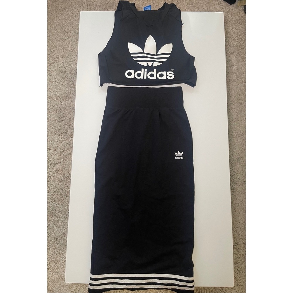 Adidas Originals Womens 2 Piece Set Crop Tank Top Midi Skirt Black White Trefoil